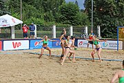 Deutsch: Beachhandball Europameisterschaften 2019 (Beach handball Euro); Tag 1: 2. Juli 2019 – Frauen, Vorrunde Gruppe D, Ukrine-Russland 2:1 (25:20, 14:17; 10:4) English: Beach handball Euro; Day 1: 2 July 2019 – Women Preliminary Round Group D – Ukraine-Russia 2:1 (25:20, 14:17; 10:4)