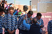 Deutsch: Beachhandball bei den Olympischen Jugendspielen 2018 in Buenos Aires; Tag 7, 13. Oktober 2018; Medaillenzeremonie Jungs - Gold: Spanien, Silber: Portugal, Bronze: Argentinien English: Beach handball at the 2018 Summer Youth Olympics in Buenos Aires at 13 October 2018 – Medal Ceremony Boys - Gold: Spain, Silver: Portugal, Bronze: Argentina Español: Handball de playa en los Juegos Olimpicos de la Juventud Buenos Aires 2018 en 13 de octubre de 2018 – Medalla Ceremonia para niños - Oro: España, Plata: Portugal, Bronce: Argentina