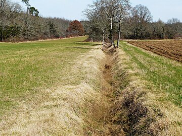 Le cours asséché de la Beauronne vu depuis la route départementale 74.