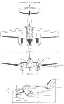 3-view line drawing of the Beechcraft T-42A Cochise Beechcraft T-42A Cochise 3-view line drawing.png