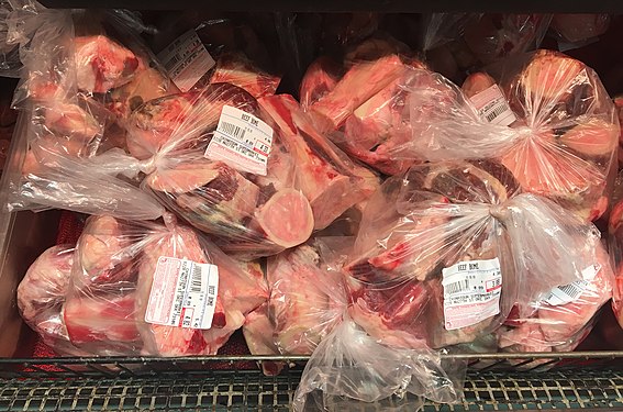 Bones for making beef broth at a supermarket in the Asian District of Oklahoma City, Oklahoma, USA.