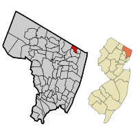 Location of Northvale in Bergen County highlighted in red (left). Inset map: Location of Bergen County in New Jersey highlighted in orange (right).