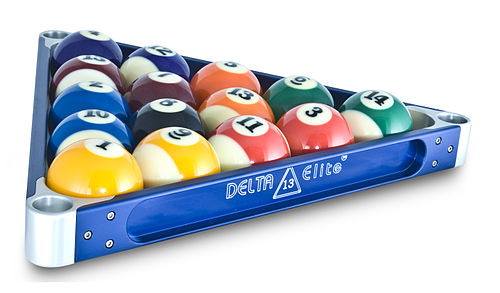 Aluminium billiard rack that is used for 8-ball, 9-ball, and straight pool.