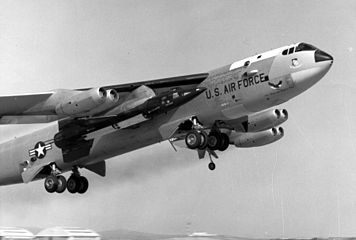 NB-52A (s/n 52-003), permanent test variant, carrying an X-15, with mission markings; horizontal X-15 silhouettes denote glide flights, diagonal silhouettes denote powered flights.