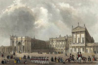 Buckingham Palace, 1837, vor der Errichtung des jüngsten Flügels zur Mall und mit dem Marble Arch als Eingangstor in der von Nash entworfenen Gestaltung (1825–1835)