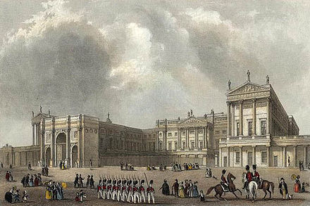 The palace c. 1837, depicting Marble Arch, a ceremonial entrance. It was moved to make way for the east wing in 1847.