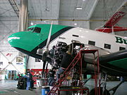 A Buffalo Airways DC3 undergoing maintenance at Yellowknife