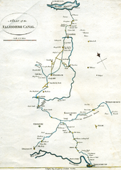 Map showing the proposed extensions of the Ellesmere Canal to Chester and Shrewsbury Camlas ellesmere.png