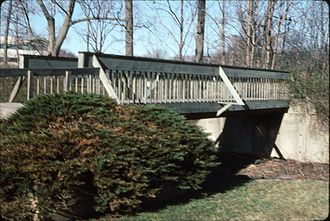 This 1990 photo shows the C&S's "high bridge", built in 1968 as part of the realignment of the railroad due to I-280's encroachment at Peachtree Junction. It's probably safe to assume that most of the workers at the Becker Farm Road business campus have no idea that the bridge they are crossing once carried a miniature railroad. Note the concrete bridge abutment. Centerville and Southwestern Railroad, High bridge.jpg