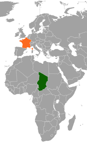 Mapa indicando localização do Chade e da França.