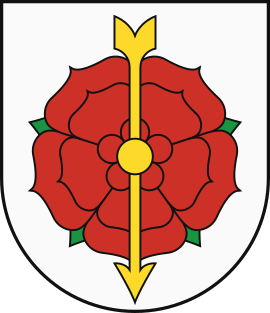 The rose as a heraldic symbol: the coat of arms of Ruzomberok in Slovakia. The town's name in literal translation is "Hill of roses". Coat of Arms of Ruzomberok.svg
