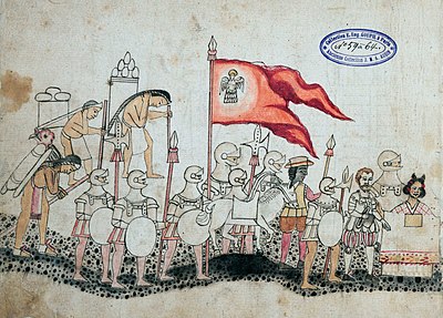 Codex Azcatitlan depicting the Spanish-Tlaxcalan army, with Cortés and La Malinche, along with an African slave in front the meeting with Aztec emperor Moctezuma II. The facing page is no longer extant.