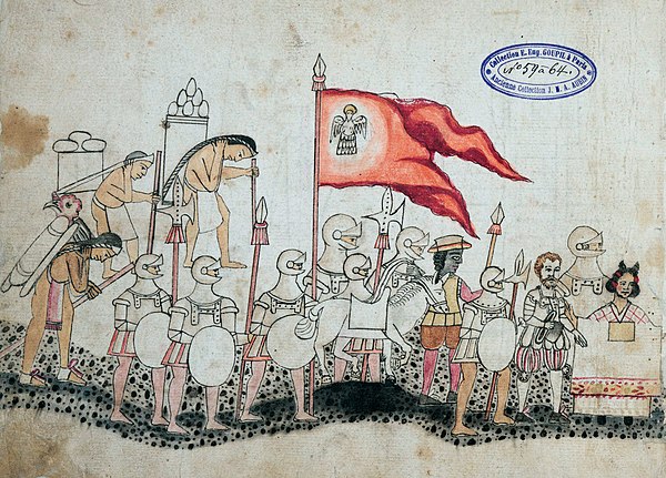 Codex Azcatitlan depicting the Spanish army, with Cortés and Malinche in front