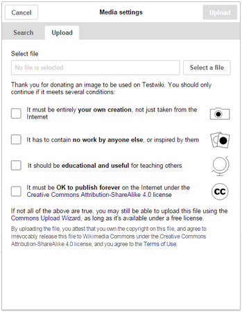 Option 2: Four checkboxes, each with a label explaining one facet of the requirements (own work; no pictures of copyrighted work; educational/useful; irrevocably released as CC BY-SA).