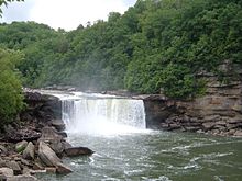 The English county name "Cumberland" is commonly replicated in Appalachia, such as at Cumberland River (pictured). The Duke of Cumberland appealed to northern English settlers for his victory at Culloden (1746) Cumberland Falls 2005 05 20a.jpeg