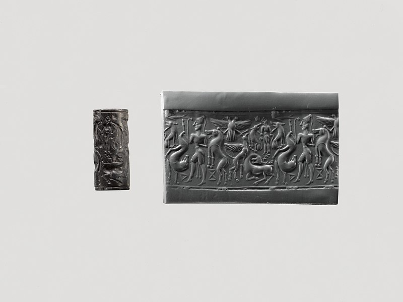 File:Cylinder seal and modern impression- hunter holding a lion; griffin attacking a stag; Master of Animals; double-headed eagle MET DP159661.jpg