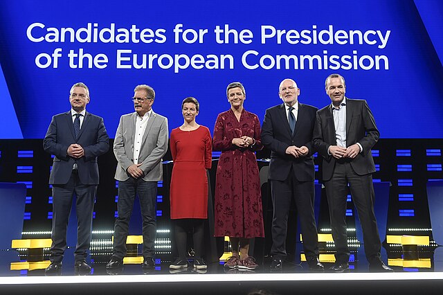 European Commission presidency candidates at Eurovision Debate (May 2019). Left to right: Zahradil, Cué, Keller, Vestager, Timmermans, Weber.