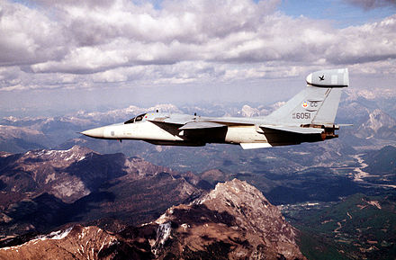 An EF-111 flying over the Alps in support of Deny Flight in May 1995