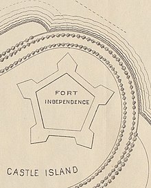 Fort Independence map in 1883 study for a plan of Pleasure Bay Detail, Fort Independence in 1883 study for a plan of Pleasure Bay (cropped).jpg