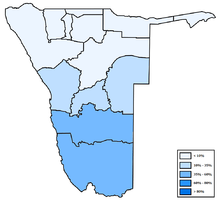 The geographical distribution of Afrikaans in Namibia. Distribution of Afrikaans in Namibia.png