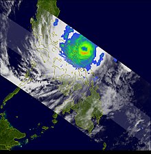 Typhoon Durian Tropical Rainfall Measuring Mission (TRMM) image. It shows the well-defined eye of the storm and the clouds surrounding it. Durian 2006-11-29 2250Z.jpg