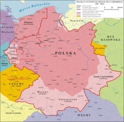 Самый широкий охват Королевства Польского до Речи Посполитой, за годы экспансии в 1002–1005 гг.