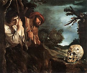 <i id="mwGw">Guercino'nun Et in Arcadia ego'sunda</i> (c. 1618-1622) tasvir edilen ölümlülükle dramatik yüzleşme, bu Latince sloganın (kafatasının altındaki kaide üzerinde yazılı) bilinen ilk kullanımına işaret ediyor.