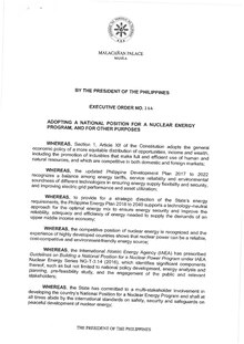 Executive Order No. 164, signed by President Rodrigo Duterte in February 2022 included nuclear power in the country's energy mix. Executive Order No. 164, s. 2022 (20220228-EO-164-RRD).pdf