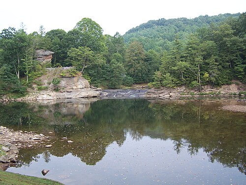 Falls Mill area, the upstream end of Burnsville Lake at its normal pool elevation. Falls Mill (Burnsville Lake).jpg