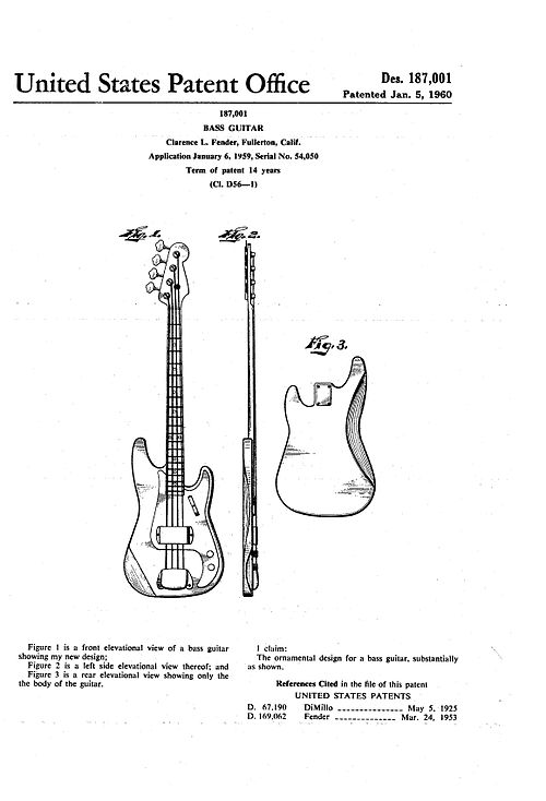 Design patent issued to Leo Fender for the second-generation Precision Bass