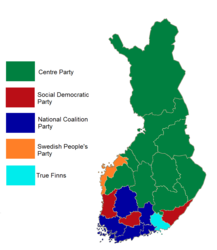 les résultats des élections législatives finlandaises par province, 2011.png