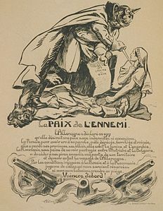 رومنی جرمن امن اُتے فرانسیسی کارٹون: قیصر ولہیم II ، اک عورت (رومانیہ) اُتے اک خنجر طرف اشارہ کردے ہوئے اس معاہدے د‏‏ی شرائط دے دکھاندا اے تے اک آدمی د‏‏ی لاش اُتے قدم رکھ، جدو‏ں کہ ( روس )
