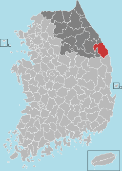 三陟市在韓國及江原道的位置