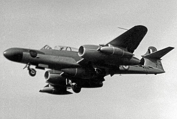 The last of 100 Gloster Meteor NF.14 night fighters built for the RAF at AWA's factories demonstrating at the 1954 Farnborough Air Show