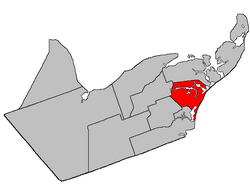 Location within Gloucester County, New Brunswick barrier islands extending south are actually part of Saumarez Parish