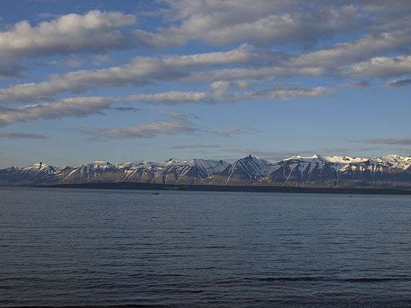 Eyjafjörður, the longest fjord in Northern Iceland, belongs to the Greenland Sea.