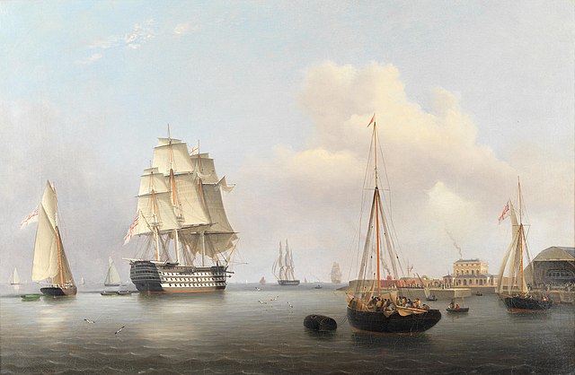 HMS Trafalgar lying off the Royal Dockyard at Sheerness (by Robert Strickland Thomas, 1845). The large house on the right with the smoking chimney is 