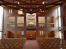 View to the Choir Gallery in the eastern wall, one of the four independent walls in the building. Haileybury Chapel, Melbourne, Choir Gallery.jpg