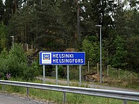 For example, in some regions road signs are written first in Finnish and then in Swedish or even in some areas vice versa. Helsinki municipal border sign 2018.jpg