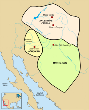 Oasisamerica cultural areas, circa 1350 Hohokam, Ancestral Pueblo, and Mogollon cultures circa 1350 CE.png