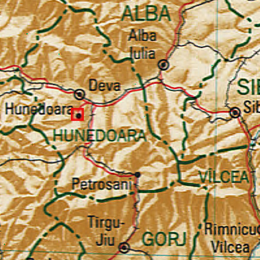 Hunedoara (rotes Viereck) – Rumänien – Nachbarorte: Deva, Alba Iulia, Sibiu, Petroșani, Târgu Jiu