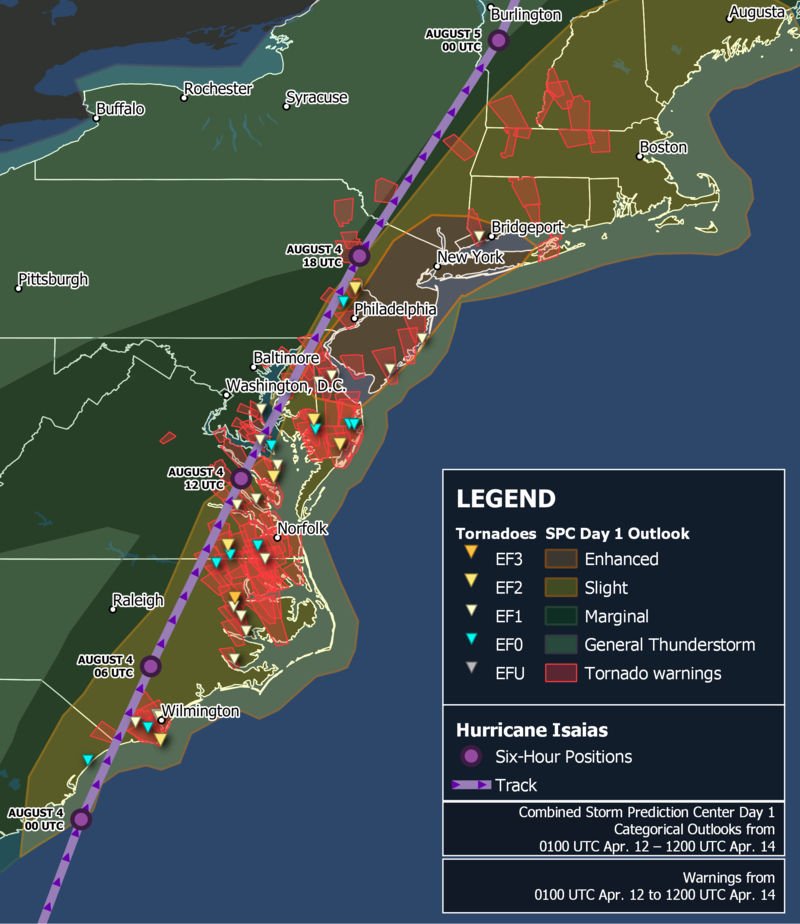 Map showing tornado locations and warning areas