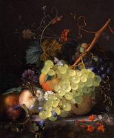 Still-life of grapes and a peach on a table-top by Jan van Huysum (17th century).