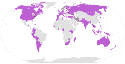 Highlighted countries have local organizations affiliated with ICW. ICW national level.svg