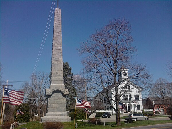 The Isaac Davis Monument and Acton Town Hall, located along Route 27