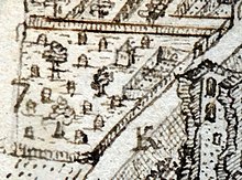 The cemetery shortly after the destruction of the city in 1689; on the right in the picture the damaged tower "Luginsland" of the inner city wall Judischer Friedhof HnS.jpg