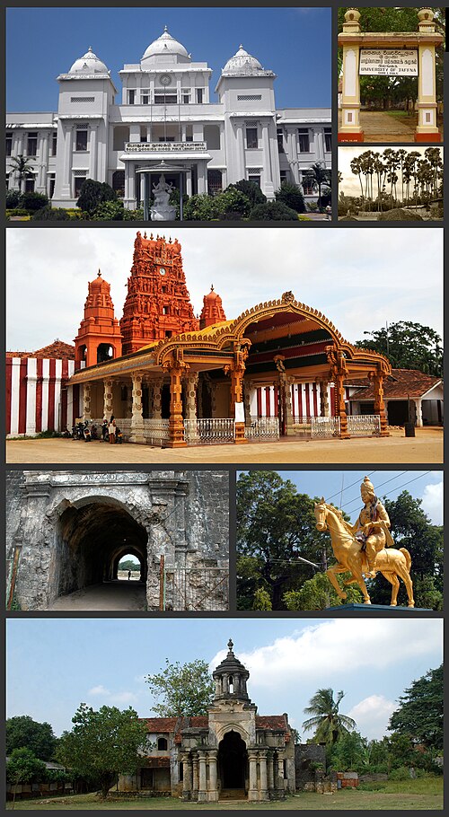 Clockwise from top: Jaffna Public Library, the Jaffna-Pannai-Kayts highway, Nallur Kandaswamy temple, Jaffna Fort, Sangiliyan Statue, Jaffna Palace ru