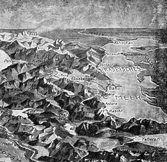 Caspian Sea and the Caucuses, 1915. Extract from the Birdseye View of Turkey and Baghdad Railway Kaspisches Meer und Kaukasus 1915. Ausschnitt aus Vogelschauperspektive Turkei und Bagdadbahn.jpg