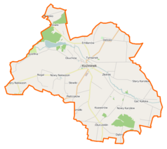 Mapa konturowa gminy Koźminek, w centrum znajduje się punkt z opisem „Koźminek”