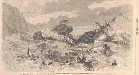 Le Borysthène, cassé par le milieu, est accoté aux écueils de l'île Plane. – Opération du sauvetage d'après les croquis de M. Saurin (prov. d'Oran), dans Le Monde Illustré du 13 janvier 1866.